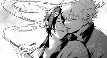 2boys arm_up closed_eyes collared_shirt commentary dated gintama greyscale kiseru male_focus monochrome multiple_boys not0910butter parted_bangs parted_lips popped_collar sakata_gintoki shirt short_hair smoke smoke_trail smoking_pipe symbol-only_commentary takasugi_shinsuke twitter_username watermark yaoi