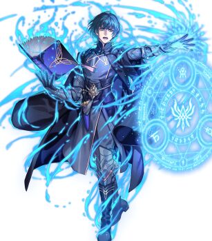 1boy armor attack aura belt black_armor black_belt black_boots black_cape black_gloves black_pants blue_aura blue_eyes blue_hair book boots cape closed_mouth dagger emblem_(fire_emblem_engage) fire_emblem fire_emblem:_three_houses fire_emblem_engage fire_emblem_heroes floating floating_book floating_object fujisaka_kimihiko full_body gloves highres holding holding_book knife long_sleeves looking_at_viewer magic_circle male_byleth_(fire_emblem) male_focus nintendo non-web_source official_art open_book open_mouth pants sheath sheathed short_hair solo v-shaped_eyebrows weapon