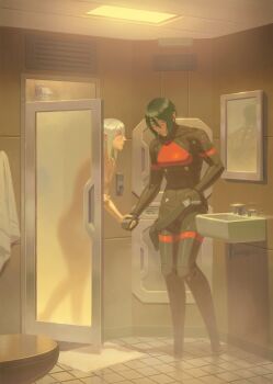 2girls absurdres android ariane_yeong bath black_hair blue_eyes cyberpunk elster_(signalis) highres holding joints maekl_029 metal_skin multiple_girls nipples nude red_eyes robot_girl robot_joints science_fiction short_hair signalis smile white_hair yuri