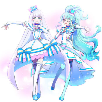 2girls ;d animal_ear_hairband animal_ears aqua_boots aqua_bow aqua_hair aqua_hairband aqua_hat arm_warmers bare_shoulders blue_bow blue_choker blue_crown blue_eyes blue_hairband blue_shoes blunt_bangs blunt_ends blush boots bow bow_hairband bright_pupils brooch cat_ear_hairband cat_ears choker commentary crossed_legs crown crown_earrings cure_lillian cure_nyammy dot_nose dress dress_bow earrings emine_mutsu fake_animal_ears frilled_arm_warmers frilled_dress frilled_thighhighs frills full_body hairband hand_on_own_chest hat heart heart_brooch jewelry long_hair looking_at_viewer magical_girl medium_dress mini_crown mini_hat mini_top_hat multicolored_bow multiple_girls nekoyashiki_mayu nekoyashiki_yuki off-shoulder_dress off_shoulder one_eye_closed open_mouth outstretched_arm outstretched_hand pact_holder pearl_earrings petticoat ponytail pouch precure purple_eyes reaching reaching_towards_viewer shiny_cats_pact shoes side-by-side side_ponytail simple_background smile sparkle sparkle_background standing straight_hair striped_bow thigh_boots thighhighs tilted_headwear top_hat very_long_hair white_arm_warmers white_background white_bow white_dress white_hair white_thighhighs wonderful_precure! yellow_pupils zettai_ryouiki