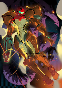 1boy 1girl arm_cannon armor blazemalefica dragon green_visor highres metroid nintendo patreon_username power_suit_(metroid) ridley samus_aran shoulder_armor varia_suit weapon yellow_eyes