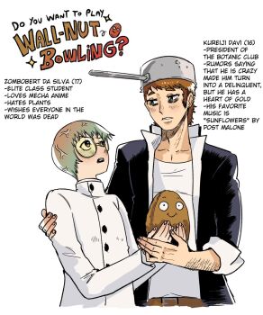 Rule 34 | 2boys, animification, arm hair, black jacket, blush, brown hair, buttons, character age, commentary, cooking pot, crazy dave (plants vs. zombies), dr. zomboss (plants vs. zombies), english commentary, english text, glasses, height difference, highres, implied yaoi, jacket, lab coat, light blush, looking at another, multiple boys, open clothes, open jacket, plants vs. zombies, pot on head, round eyewear, short hair, simple background, upper body, veins, wall-nut (plants vs. zombies), wanderjegson, white background