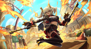 Rule 34 | 1girl, absurdres, black jacket, black skirt, black thighhighs, blonde hair, breasts, bupa chila, burnice white, burnice white (cosplay), cosplay, crop top, eyewear on head, fire, flamethrower, gloves, highres, holding, holding flamethrower, holding weapon, jacket, large breasts, looking at viewer, open mouth, orange-tinted eyewear, people, propane tank, red-tinted eyewear, red eyes, skirt, smile, solo focus, spiked belt, spiked jacket, sunglasses, thighhighs, tinted eyewear, twintails, weapon, zenless zone zero