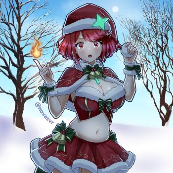 1girl artist_name bell bob_cut breasts capelet chest_jewel cleavage commentary core_crystal_(xenoblade) cowboy_shot crop_top english_commentary fire fur-trimmed_capelet fur-trimmed_skirt fur-trimmed_wrist_cuffs fur_trim hat highres holding holding_snowball index_finger_raised large_breasts looking_at_viewer midriff navel neck_bell novasvr open_mouth pyra_(xenoblade) pyrokinesis red_capelet red_eyes red_hair red_hat red_skirt santa_costume santa_hat short_hair skirt snow snowball solo stomach twitter_username winter xenoblade_chronicles_(series) xenoblade_chronicles_2