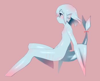 Rule 34 | 1girl, aircraft, blue eyes, blue hair, blue sclera, blue skin, blush, breasts, closed mouth, colored sclera, colored skin, female focus, filet (kai himo), fins, from side, gills, gradient hair, head fins, invisible chair, kai himo, monster girl, multicolored hair, no feet, no hands, nude, original, pink background, pink hair, profile, red pupils, short hair, simple background, sitting, small breasts, solo, tail