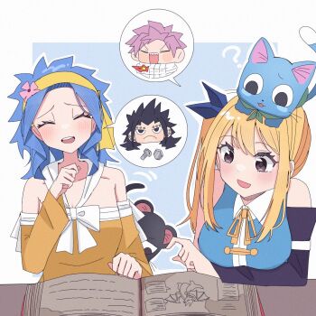 2boys 2girls ? black_fur black_hair blonde_hair blue_fur blue_hair blue_shirt blue_sleeves book breasts closed_eyes collared_shirt commentary_request detached_sleeves fairy_tail gajeel_redfox happy_(fairy_tail) highres large_breasts levy_mcgarden lucy_heartfilia multiple_boys multiple_girls natsu_dragneel open_book open_mouth pantherlily pink_hair sa_ftnl shirt single_sleeve sleeveless sleeveless_shirt speech_bubble teeth upper_teeth_only