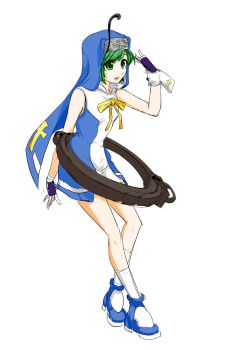 1girl ankle_boots antennae arm_behind_back arm_up black_gloves blue_boots blue_veil blue_vest boots bridget_(guilty_gear) bridget_(guilty_gear)_(cosplay) cosplay cross cross_print crossed_ankles d: fingerless_gloves from_side full_body gloves green_eyes green_hair guilty_gear guilty_gear_xx guimpe highres holding_antenna kneehighs latin_cross looking_ahead neck_ribbon nun object_belt open_mouth oversized_object print_wrist_cuffs ribbon sasaae_(artist) shirt simple_background single_wrist_cuff sleeveless sleeveless_shirt small_sweatdrop socks solo standing teeth touhou upper_teeth_only veil vest white_background white_shirt white_socks white_wrist_cuffs wriggle_nightbug wrist_cuffs yellow_ribbon