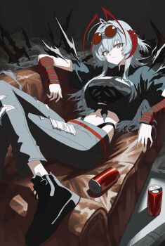 1girl absurdres ahoge antennae arknights arm_warmers black_shirt black_shoes blue_eyes blue_pants can cheong_seol closed_mouth collared_shirt couch crop_top cropped_shirt denim drink_can eyewear_on_head foot_out_of_frame grey_hair highres jeans long_hair looking_at_viewer lying midriff navel on_back on_couch pants panty_straps shirt shoes short_sleeves sneakers soda_can solo striped_arm_warmers sunglasses tied_shirt torn_clothes torn_pants unfinished w_(arknights)