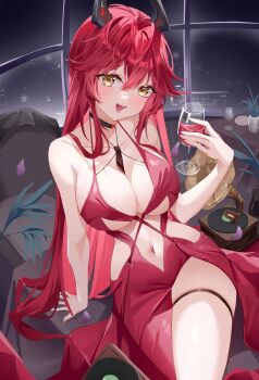 1girl absurdres bare_shoulders black_horns breasts cleavage clothing_cutout collarbone commentary_request cup double-parted_bangs dress fang goddess_of_victory:_nikke highres holding holding_cup horns indoors jingying_baobao_shanliangliang large_breasts long_hair navel night night_sky official_alternate_costume open_mouth red_dress red_hair red_hood_(nikke) red_hood_(nonsense_red)_(nikke) revealing_clothes side_cutout single_bare_leg sitting skin_fang sky solo stomach_cutout thigh_strap yellow_eyes