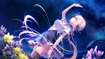 1girl anemoi arm_at_side arm_up awayuki_hiiro black_hairband black_ribbon black_thighhighs blonde_hair blue_dress blurry breasts commentary_request cowboy_shot depth_of_field dress dutch_angle eyelashes floating_hair flower frilled_dress frills from_side game_cg hair_between_eyes hair_flower hair_ornament hair_ribbon hairband highres humuyun large_breasts long_hair looking_up night official_art outdoors parted_lips pink_flower profile promotional_art purple_flower red_eyes ribbon short_sleeves sidelocks sky solo star_(sky) starry_sky thighhighs thighs two-tone_dress upskirt very_long_hair white_dress yellow_flower zettai_ryouiki