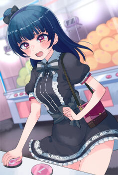 1girl bag black_bow black_dress blurry blurry_background bow commentary_request crane_game cream_(nipakupa) dress fang hair_bow hair_bun indoors love_live! love_live!_sunshine!! open_mouth red_eyes shoulder_bag single_hair_bun solo tears tsushima_yoshiko