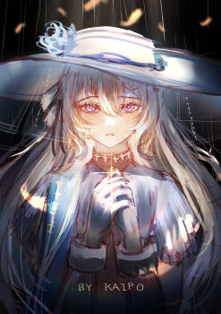 1girl artist_name black_background blonde_hair chinese_commentary commentary_request gloves hair_between_eyes hair_ornament hands_up hat highres k&amp;p_(kptseart) long_bangs long_hair looking_at_viewer parted_lips phoebe_(wuthering_waves) purple_eyes shirt solo straight-on sun_hat upper_body white_gloves white_hat white_shirt wispy_bangs wuthering_waves x_hair_ornament