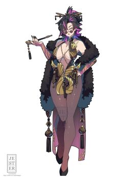 1girl black_hair breasts cleavage commission crown detached_sleeves dress feather_boa full_body glasses hair_between_eyes hair_ornament highres holding holding_smoking_pipe jesternalagon large_breasts leggings mini_tiara multicolored_hair open_mouth original pantyhose purple_hair round_eyewear short_hair simple_background smoking_pipe solo standing sword sword_in_hair tassel tiara twitter_username two-tone_hair weapon weapon_in_hair yellow_eyes zipper