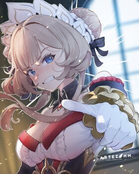 1girl absurdres angry artezahn artist_name bare_shoulders blue_eyes breasts brown_hair cleavage clenched_teeth commentary detached_sleeves english_commentary floating_hair genshin_impact gloves highres indoors long_sleeves looking_at_viewer pointing pointing_at_viewer sandrone_(genshin_impact) short_hair_with_long_locks solo teeth upper_body v-shaped_eyebrows white_gloves