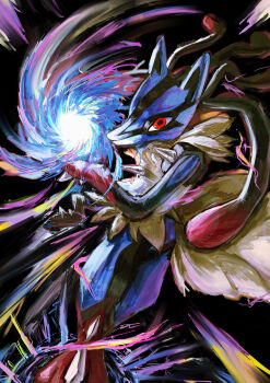 1boy absurdres animal_ears artist_name aura_sphere_(pokemon) black_fur blue_fur body_fur energy_ball furry furry_male gen_4_pokemon glowing hands_up highres kotorun_ahyo looking_at_viewer lucario male_focus mega_lucario mega_pokemon multicolored_fur nintendo pokemon pokemon_(creature) pokemon_move powering_up red_eyes red_fur signature snout solo spikes standing twitter_username wide-eyed wolf_boy wolf_ears yellow_fur