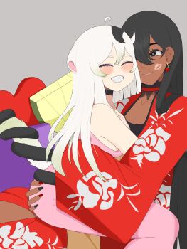 2girls absurdres ahoge alternate_costume artist_self-insert black_choker black_collar black_hair black_nails blush cat_tail choker collar dark_skin disgaead dress earrings ferret ferret_girl ferret_tail floral_print food fruit gradient_hair green_hair hand_on_another's_ass heads_together heart highres hug indie_virtual_youtuber intertwined_tails japanese_clothes jewelry kimono laimu_(vtuber) lime_(fruit) lime_slice lipstick_mark long_hair multicolored_hair multiple_girls on_bed original pink_dress red_kimono red_nails sitting sitting_on_lap sitting_on_person tail two-tone_hair virtual_youtuber white_hair yuri