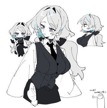 1girl alternative_double arm_at_side arms_at_sides black_bow black_gloves black_necktie black_shoes black_skirt black_vest blue_pupils bow breasts buttons call_of_cthulhu chibi chibi_inset clip_studio_paint_(medium) closed_mouth commentary_request cropped_torso expressionless forehead frills gloves grey_hair hair_bow hair_intakes hand_up highres invisible_chair jitome large_breasts limited_palette long_hair long_skirt long_sleeves looking_ahead low_ponytail multicolored_eyes multiple_views necktie original parted_bangs ponytail profile purple_eyes seams shirt shoes side_part simple_background sitting skirt translation_request turning_head turtleneck two-tone_eyes undershirt uwipi vest waistcoat white_background white_shirt wide_sleeves wing_collar