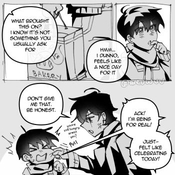 2boys anger_vein areuwuu bag cheek_pinching coat commentary curtained_hair english_commentary greyscale hair_between_eyes high_collar highres holding holding_bag holding_hands hood hood_down jacket kim_dokja male_focus monochrome multiple_boys omniscient_reader&#039;s_viewpoint pinching scar scar_across_eye scar_on_face scarf short_hair yoo_joonghyuk