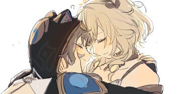 2girls aglaea_(honkai:_star_rail) animal_ear_fluff animal_ears animal_hood blonde_hair blush cat_ears cat_girl cat_hood cipher_(honkai:_star_rail) closed_eyes clothing_cutout eardoor_1022 forehead-to-forehead grey_hair hashtag-only_commentary heads_together highres honkai:_star_rail honkai_(series) hood hug jewelry korean_commentary laurel_crown multiple_girls necklace short_hair tearing_up yuri