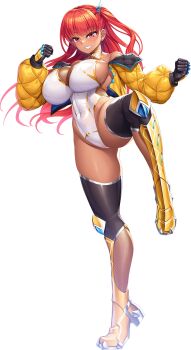 1girl ass breasts cleavage clenched_hands curvy dark-skinned_female dark_skin gloves grin highres hinako_shakudo large_breasts leg_lift leotard lilith-soft long_hair looking_at_viewer orange_hair red_eyes revealing_clothes smile standing standing_on_one_leg taimanin_(series) taimanin_rpgx thick_thighs thighs thong_leotard transparent_background white_leotard wide_hips yuumaru_(you-mya)