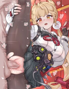 1boy 1girl :o absurdres alice_thymefield animal_ears black_skirt blonde_hair blush breasts commentary_request daram_(shappydude) fingerless_gloves gloves hair_ornament hand_on_own_leg hetero heterochromia highres indoors korean_commentary large_breasts large_variant_set long_hair orange_eyes pantyhose penis pleated_skirt red_eyes sex shirt skirt sphere_hair_ornament split standing standing_on_one_leg standing_sex standing_split sweat torn_clothes torn_pantyhose uncensored vaginal variant_set white_shirt zenless_zone_zero