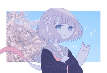 1girl border cherry_blossoms commentary_request day flower ghost hair_flower hair_ornament highres long_sleeves omochi_noa original outdoors outside_border own_hands_together parted_lips photo_background school_uniform serafuku signature spring_(season) subaru_(blue_archive) white_border