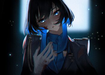 1girl absurdres arm_up blood blood_on_face blood_on_gloves blue_eyes blue_hair blue_shirt gloves highres hololive hololive_english jacket looking_at_viewer orianareii ouro_kronii shirt short_hair simple_background solo solo_focus star_(symbol) upper_body virtual_youtuber white_gloves