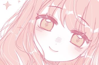 Rule 34 | 1girl, artist request, brown eyes, chinese commentary, closed mouth, commentary request, dot nose, eyelashes, halftone, head tilt, highres, light blush, lipstick, long hair, makeup, nikki (nikki), nikki (series), pink hair, pink lips, portrait, second-party source, simple background, smile, solo, sparkle, white background