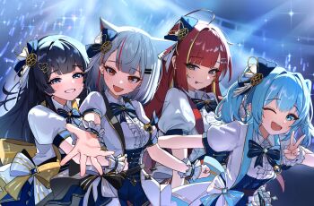 4girls akane_lize animal_ear_fluff animal_ears arahashi_tabi black_hair blue_bow blue_bowtie blue_eyes blue_hair blush bow bowtie center-flap_bangs center_frills closed_mouth collared_shirt colored_lapels commentary diffraction_spikes double-parted_bangs english_commentary frilled_shirt frills grey_eyes grey_hair grin hair_bow hair_ornament hairclip hand_up heart heart_hair_ornament highres jacket lapels long_hair looking_at_viewer medium_hair multicolored_bow multicolored_hair multiple_girls neneko_mashiro one_eye_closed open_clothes open_jacket open_mouth outstretched_arm parallel_hairclips parted_bangs reaching reaching_towards_viewer red_eyes red_hair shirayuki_hina shirt short_sleeves smile stellive streaked_hair sweat tay_(cdjk7758) thigh_strap tongue tongue_out v virtual_youtuber white_jacket white_shirt wing_collar