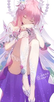 1girl breasts bridal_veil commentary_request cyrene_(honkai:_star_rail) cyrene_(ripples_of_past_reverie)_(honkai:_star_rail) dress flower hair_flower hair_ornament halo high_heels highres honkai:_star_rail honkai_(series) ikenotori large_breasts long_hair pink_hair simple_background solo thighs twitter_username veil very_long_hair white_background white_dress