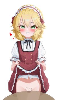 1girl absurdres animal_print blonde_hair blush bodypaint cat_print clothes_lift commentary_request do_you_want_to_pet_my_cat_(meme) dress fella_(vpffk0731) frilled_hairband frilled_sleeves frills green_eyes hairband heart highres idolmaster idolmaster_cinderella_girls lifting_own_clothes loli looking_at_viewer meme no_panties pinafore_dress puffy_short_sleeves puffy_sleeves pussy red_dress round_table sakurai_momoka shirt short_sleeves simple_background skirt skirt_lift sleeveless sleeveless_dress smile solo stomach table white_background white_shirt