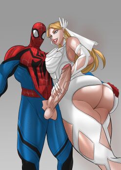 1boy 1girl ass blonde_hair blue_bodysuit blue_eyes bodysuit breasts grey_background hetero huge_ass huge_penis large_breasts long_hair marvel marvel_rivals official_alternate_costume penis peter_parker red_bodysuit simple_background spider-man_(series) sue_storm sue_storm_(the_life_fantastic) superhero_costume testicles veins veiny_penis venomarts00