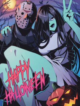 1boy 1girl autumn_leaves black_hair blue_skin breasts colored_skin crossover dress friday_the_13th ghost_girl gloves hair_over_one_eye hand_on_another&#039;s_shoulder happy_halloween highres hockey_mask holding jack-o&#039;-lantern jacket jason_voorhees large_breasts leaf long_hair looking_at_viewer mask night night_sky open_mouth pechamaju shirt sky smile solo the_ring torn_clothes torn_jacket very_long_hair white_dress yamamura_sadako
