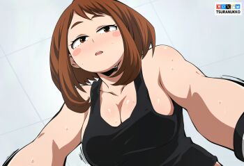 1girl artist_name black_tank_top bluesky_logo blush_stickers boku_no_hero_academia breasts brown_eyes brown_hair cleavage fanbox_logo from_below girl_on_top large_breasts looking_at_viewer patreon_logo pixiv_logo solo sweat tank_top tsuranukko twitter_x_logo uraraka_ochako