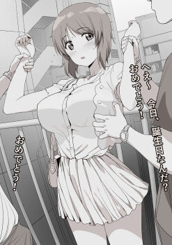 1girl 2boys a1_(initial-g) alternate_breast_size_(larger) alternate_costume bag blush bob_cut commentary_request faceless faceless_male grabbing_another&#039;s_arm greyscale handbag hands_up highres holding_another&#039;s_wrist imminent_breast_grab imminent_grope miniskirt monochrome multiple_boys nervous_sweating nishizumi_miho out_of_frame outdoors pleated_skirt shirt_tucked_in short_hair skirt sweat sweatdrop translation_request w_arms