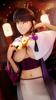 3d ace_attorney amateurthrowaway black_hair breasts flashing highres large_breasts looking_at_viewer maya_fey nipples
