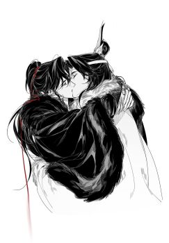 2boys black_cloak black_hair chinese_clothes chinese_commentary cloak closed_eyes commentary_request couple diaomaoxiaoheidaoliangquanban from_side fur-trimmed_cloak fur_trim greyscale hair_ribbon hanfu headband high_ponytail highres horns hug kiss lan_wangji long_hair long_sleeves male_focus modao_zushi monochrome multiple_boys ponytail profile red_ribbon ribbon robe sidelocks simple_background spot_color topknot upper_body wei_wuxian white_background white_cloak white_headband wide_sleeves winter_clothes xiao_guan_(headdress) yaoi