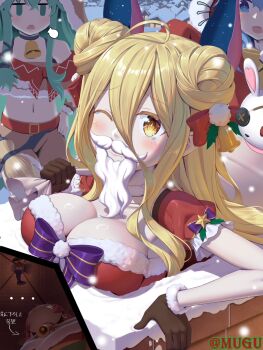 1other 4girls alternate_costume bell belt blonde_hair blue_eyes blue_hair breasts brown_gloves chimney chinese_commentary christmas cleavage commentary_request cowbell date_a_live eyepatch fake_beard fake_facial_hair fur-trimmed_gloves fur_trim gloves green_hair hair_ornament highres himekawa_yoshino hoshimiya_mukuro itsuka_kotori kyouno_natsumi large_breasts long_hair multiple_girls navel neck_bell one_eye_closed open_mouth outdoors ribbon snow stuck tsubasaki yellow_eyes yoshinon