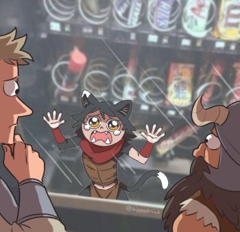 1girl 2boys animal_ears armor beard bigggbrick black_hair blonde_hair cat_ears cat_girl cat_tail crying crying_with_eyes_open dungeon_meshi facial_hair hand_on_own_chin helmet horns izutsumi laios_touden multiple_boys red_scarf scarf senshi_(dungeon_meshi) stroking_own_chin tagme tail tears trapped yellow_eyes