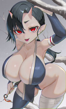 1girl arm_up armpits ass asymmetrical_legwear bandaged_leg bandages black_hair breasts cleavage cropped_legs elbow_gloves frontal_wedgie gloves groin highres hiragana_oufu holding holding_kunai holding_weapon huge_ass huge_breasts japanese_clothes kunai large_breasts looking_at_viewer mole mole_under_eye oni original partially_visible_vulva pelvic_curtain pointy_ears red_eyes short_hair single_thighhigh skindentation smile solo standing thighhighs thighs weapon wedgie wide_hips