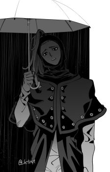 1boy blackmore commentary_request cowboy_shot greyscale highres holding holding_umbrella jojo_no_kimyou_na_bouken katori_(katokichi) long_hair looking_at_viewer male_focus monochrome open_mouth rain solo steel_ball_run umbrella