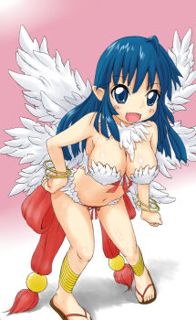 1girl 2000s_(style) :d back_bow bangle bikini blue_eyes blue_hair blush bow bracelet breasts brown_sandals cleavage commentary_request fangs feather_trim feathered_wings flip-flops full_body highres jewelry kiori_nezumi large_breasts leaning_forward long_hair looking_at_viewer navel open_mouth pink_background pointy_ears ragnarok_online red_bow sandals smile solo standing swimsuit wanderer_(ragnarok_online) white_bikini white_wings wings