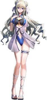 1girl bikini black_bikini blonde_hair blue_eyes blue_one-piece_swimsuit breasts code_geass code_geass:_boukoku_no_akito code_geass:_genesic_re;code code_geass:_soubou_no_oz cone_hair_bun full_body hair_bun highres large_breasts leila_malcal long_hair looking_at_viewer official_art one-piece_swimsuit purple_eyes simple_background smile solo swimsuit transparent_background very_long_hair