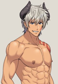 Rule 34 | 1boy, abs, arima (arima bn), bara, biceps, demon horns, diablo (isekai maou), facial tattoo, grey background, grey eyes, highres, horns, isekai maou to shoukan shoujo no dorei majutsu, looking at viewer, male focus, mature male, muscular, muscular male, nipples, pectorals, shoulder tattoo, smirk, solo, spiked hair, tattoo, teeth, topless male, upper body, white hair