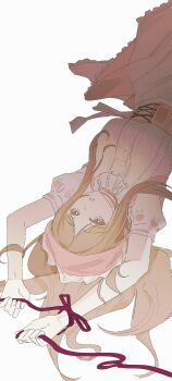 1girl absurdres bang_dream! bang_dream!_it&#039;s_mygo!!!!! blue_eyes brown_hair center_frills commentary corset frills highres long_hair lying nagasaki_soyo on_back open_mouth pink_corset red_ribbon ribbon sasagawa_yuki sidelocks solo