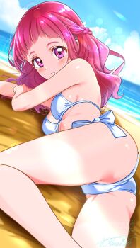 1girl ass beach bikini blue_sky breasts cloud cloudy_sky day hair_ornament highres horizon hugtto!_precure kakikakilemon long_hair looking_at_viewer looking_back lying nono_hana ocean on_stomach outdoors pink_eyes pink_hair precure signature sky small_breasts smile solo swimsuit water white_bikini