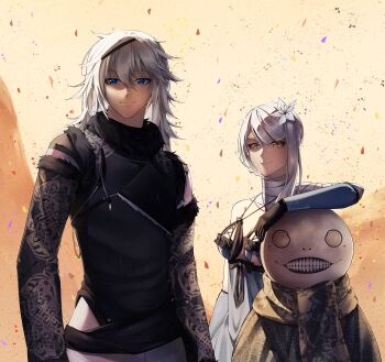 1girl 2boys absurdres bandaged_arm bandaged_neck bandages black_gloves blue_eyes blue_negligee blue_sleeves braid braided_hair_rings breasts brown_eyes cleavage closed_mouth detached_sleeves emil_(nier) flower fur-trimmed_jacket fur_trim gloves grey_hair grin hair_between_eyes hair_flower hair_ornament hair_rings highres jacket kaine_(nier) lingerie long_hair medium_breasts medium_hair mole mole_under_each_eye mole_under_eye multiple_boys multiple_moles negligee nier_(brother) nier_(brother)_(post_timeskip) nier_(series) single_bare_shoulder smile teeth underwear upper_body white_eyes white_flower zeronashh