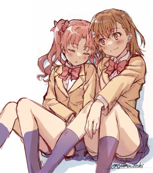 2girls black_socks blue_skirt blush bow bowtie brown_eyes brown_hair brown_jacket collared_shirt commentary_request crossed_bangs dress_shirt flower hair_between_eyes hair_bow hair_flower hair_ornament isshi_pyuma jacket kneehighs knees_up long_hair long_sleeves looking_at_another medium_hair misaka_mikoto multiple_girls parted_lips pink_bow pink_hair pleated_skirt red_bow red_bowtie school_uniform shadow shirai_kuroko shirt shorts shorts_under_skirt simple_background sitting sketch skirt sleeping smile socks toaru_kagaku_no_railgun toaru_majutsu_no_index tokiwadai_school_uniform twintails twitter_username white_background white_shirt winter_uniform