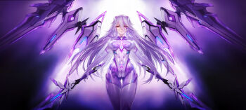 Rule 34 | 1girl, absurdres, bodysuit, breasts, cameltoe, covered erect nipples, covered navel, cowboy shot, dual wielding, gluteal fold, hair between eyes, hair ornament, hairclip, highres, holding, holding sword, holding weapon, impossible bodysuit, impossible clothes, large breasts, long bangs, long hair, looking at viewer, mecha musume, mechanical wings, multicolored hair, open mouth, original, outstretched arms, purple hair, red eyes, shiny clothes, skin tight, solo, straight-on, sword, thigh gap, two-tone hair, very long hair, weapon, white hair, wings, zhuore zhi hen