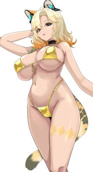 Rule 34 | 1girl, animal ears, arm behind head, bikini, black choker, blonde hair, breasts, choker, cleavage, earrings, eyeshadow, genshin impact, gold bikini, gradient hair, green eyes, jewelry, large breasts, leopard ears, leopard girl, leopard tainl, lips, medium hair, multicolored hair, navel, orange hair, red eyeshadow, solo, standing, stinko, swimsuit, tail, wavy hair, white background, wide hips, xilonen (genshin impact), yellow bikini
